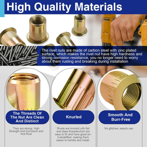 1/4-20 Rivet Nuts Zinc Plated Carbon Steel Threaded Insert Rivnut Flat Head UNC 20 Pieces displayed with features and benefits.