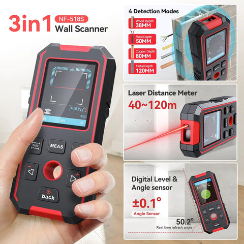 3 In 1 Stud Finder Wall Scanner With Rechargeable Battery 196Ft Laser Measure Digital Level And Angle Gauge For Quick No Fuss Accurate Wall Scanning Of Studs Pipes And Wires, handheld