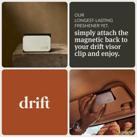 Drift car air freshener stone block with metal clip; collage shows front view, brand panel, and installed visor clip.