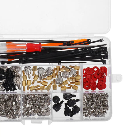 332 Piece Machine Screw Kit For Computer Fans And CD Drive Replacement, plastic box with assorted screws, zip ties, and washers