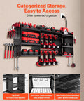 Power Tool Organizer With Charging Station And Eight Outlet Power Strip Three Tier Tool Rack With Eight Drill Slots And Side Hooks