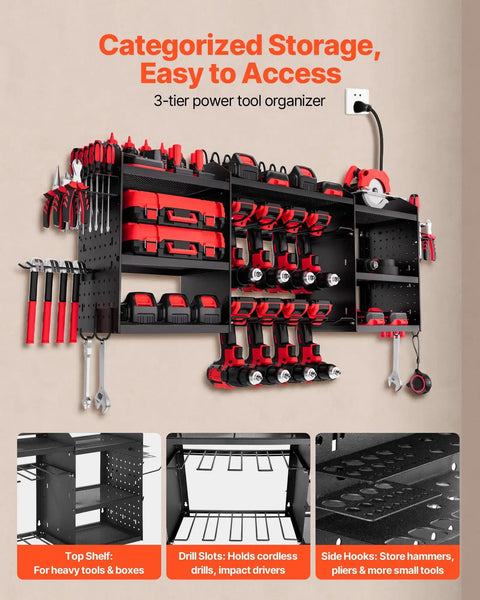 Power Tool Organizer With Charging Station And Eight Outlet Power Strip Three Tier Tool Rack With Eight Drill Slots And Side Hooks