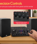 Home Karaoke Amp Receiver With Bluetooth Streaming And Two Hundred Watt Peak Power Dual Mic Inputs With Delay And Reverb Two Point Oh Channel Hi Fi Sound System USB A MP3 Player RCA And Aux with precision control panel and two speakers shown.