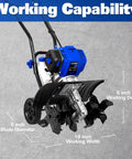 46Cc Four Cycle Gas Powered Rototiller Cultivator with 16 inch heavy duty steel tines, adjustable wheels on concrete surface