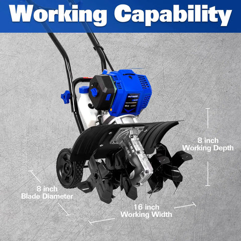 46Cc Four Cycle Gas Powered Rototiller Cultivator with 16 inch heavy duty steel tines, adjustable wheels on concrete surface