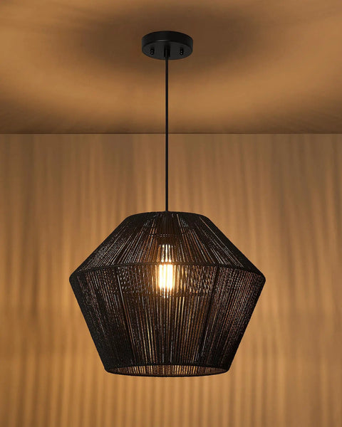 Handwoven Rattan Basket Shade Boho Chic Pendant Light 16.5 Inch Matte Black Modern Farmhouse Coastal Chandelier hanging