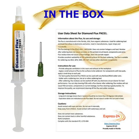 FN231 Top Notch Pro Grade No Clean Soldering Flux Gel RMA ROL0 10g Syringe with data sheet and tool for PCB repair.