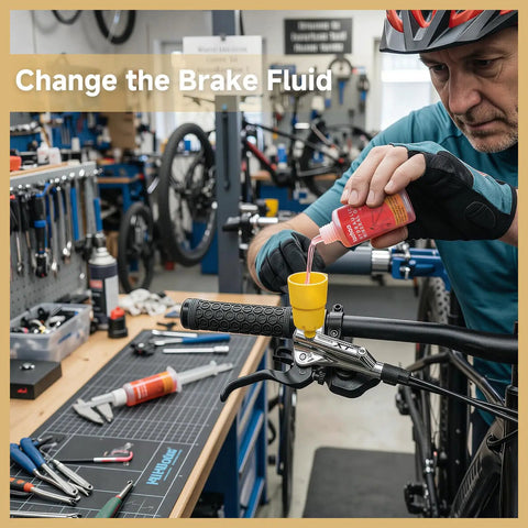Person using All In One Hydraulic Disc Brake Bleed Kit For Shimano, SRAM, Avid, Magura, Tektro, Hayes And More in bike workshop