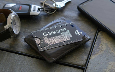 Mini 3 Inch Metal Science Ruler And Multitool With Metric And Imperial Scales Protractor And Compass on leather wallet