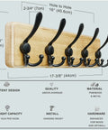 Wall Mounted Coat Rack With Five Tri Hooks, Heavy Duty Wooden Coat Hanger For Clothes Hats And Jackets, Rustic Burnt Wood Finish