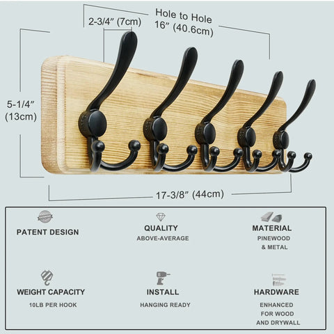 Wall Mounted Coat Rack With Five Tri Hooks, Heavy Duty Wooden Coat Hanger For Clothes Hats And Jackets, Rustic Burnt Wood Finish