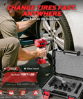 Mechanic using Cordless Half Inch Impact Wrench Bare Tool No Battery Included, 750 Foot Pounds of Torque, LED Light, storage case visible