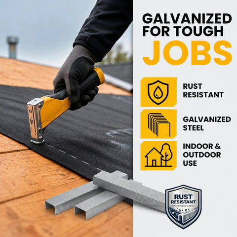 Workhorse Heavy Duty 3/8 T50 Staples For Staple Guns used on roofing material showing rust-resistant galvanized steel.
