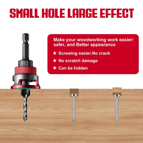 Heavy Duty 7 Piece Countersink Drill Bit Set With Adjustable Depth Stop Collar And Precision Bearings drilling into wood.