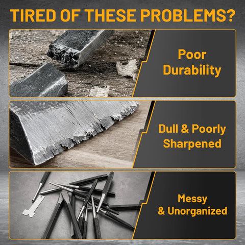 Image highlighting benefits of 16 Piece Metal Punch And Chisel Set For Wood And Auto Projects with sharp precision edges