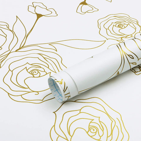 Gold And White Floral Peel And Stick Wallpaper Self Adhesive Removable Covering For Bedroom 393x17.3 Inches Vinyl Roll