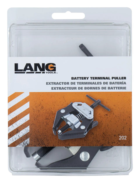 Lang Tools 202 Battery Terminal Puller in packaging, heavy duty jaws, ideal for automotive battery cable removal.