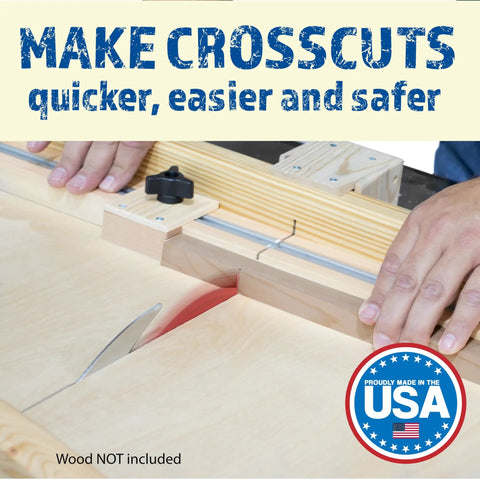 Close-up of DIY 19 Inch Crosscut Sled Kit for Table Saw showing precise cutting with UHMW bars and aluminum T-track.