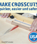 17 Inch DIY Crosscut Sled Kit For Table Saw showing glide bars and hand positioning for accurate cuts.