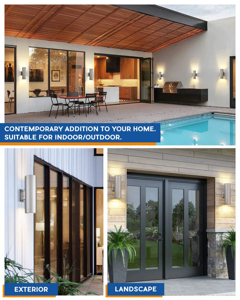 2 Pack Outdoor Wall Lights Dusk To Dawn Sensor Dope Stainless Steel Wall Sconces beside patio doors and pool area.