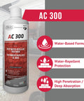 Top Shelf Breathable Stone Sealer With Heavy Duty Deep Penetrating Formula For Brick Terracotta And Tile Grout Pre Install Moisture Barrier Backer Board Protection No Sweat Waterproofing 1 Liter, water-based formula, Faber AC300 bottle.