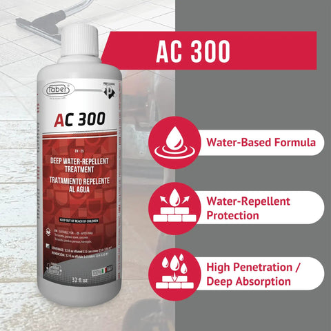 Top Shelf Breathable Stone Sealer With Heavy Duty Deep Penetrating Formula For Brick Terracotta And Tile Grout Pre Install Moisture Barrier Backer Board Protection No Sweat Waterproofing 1 Liter, water-based formula, Faber AC300 bottle.