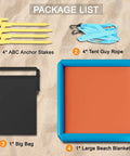 Package contents for 2-In-1 Sand Free Beach Blanket And Tent: anchor stakes, tent ropes, big bag, large beach blanket.
