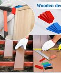Rock Solid 600 Piece Plastic Flat Tile Shims For Structural Leveling High Density Polymer Grid Spacers Heavy Duty Construction Wedges in use on wooden deck.