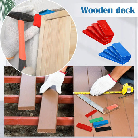Rock Solid 600 Piece Plastic Flat Tile Shims For Structural Leveling High Density Polymer Grid Spacers Heavy Duty Construction Wedges in use on wooden deck.