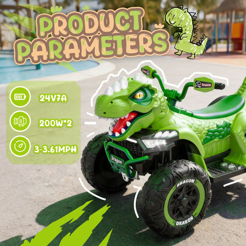 24V Dinosaur Ride On ATV For Kids Aged 4 To 8 That Is Totally Rad With Dual 200W Motors, dinosaur-themed design outdoors