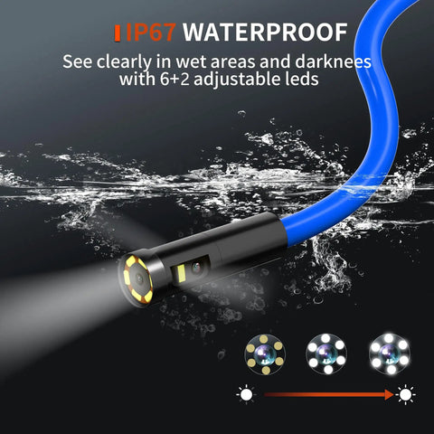Triple Lens Borescope Pro Grade 1920P HD Endoscope with light in water showcasing IP67 waterproof feature for plumbing pros