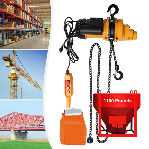 Heavy Duty Electric Chain Hoist 1100 Lb Capacity Rock Solid Aluminum Body And Steel Hook with control and bucket.