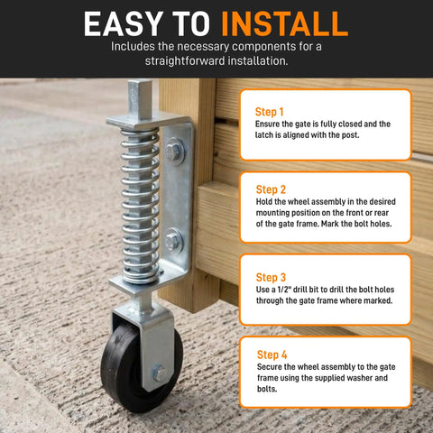 Easy install instructions for Heavy-Duty Gate Wheel With A Large Four Inch Wheel For Smooth Operation, 14.5 Inch Gate Support Roller