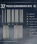 Heavy Duty Long Screwdriver Bit Set Contains Thirty Two Six Inch Reach Drivers With Quarter Inch Hex Shanks Forged From Tough S2 Steel, 32 piece display.