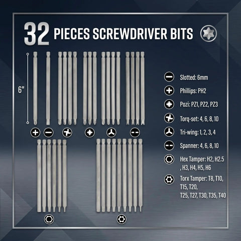 Heavy Duty Long Screwdriver Bit Set Contains Thirty Two Six Inch Reach Drivers With Quarter Inch Hex Shanks Forged From Tough S2 Steel, 32 piece display.