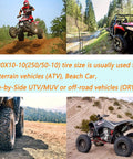 Quad bike showcasing All Terrain Tubeless Off Road ATV UTV Tires Set Of 2 20X10-10 6PR Deep Tread High Traction in varied terrains.