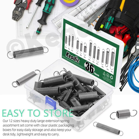Heavy Duty Extension Spring Kit 36 Pieces, 12 Sizes, Zinc Plated Wire Springs for DIY Repairs in plastic box