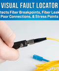 Hand holding visual fault locator tool and yellow cable from Fiber Prep Kit With VFL Plus For Tech Pros Includes Drop And 3 Hole Stripper Visual Fault Locator Fiber Connector Cleaners Kevlar Cutting Shears Buffer Tube Ringer Mid Span Slit Tool Round Cable Slit Tool High Leverage Pliers 6 In 1 Screwdriver Long Nose