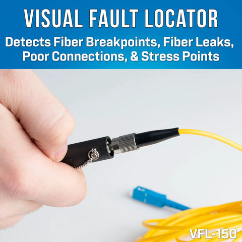 Hand holding visual fault locator tool and yellow cable from Fiber Prep Kit With VFL Plus For Tech Pros Includes Drop And 3 Hole Stripper Visual Fault Locator Fiber Connector Cleaners Kevlar Cutting Shears Buffer Tube Ringer Mid Span Slit Tool Round Cable Slit Tool High Leverage Pliers 6 In 1 Screwdriver Long Nose
