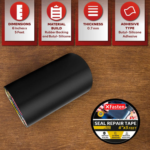 Waterproof Patch Seal Tape For Quick Leak Fixes, 6 Inch By 5 Foot Black, Flexible Silicone-Butyl Adhesive product view