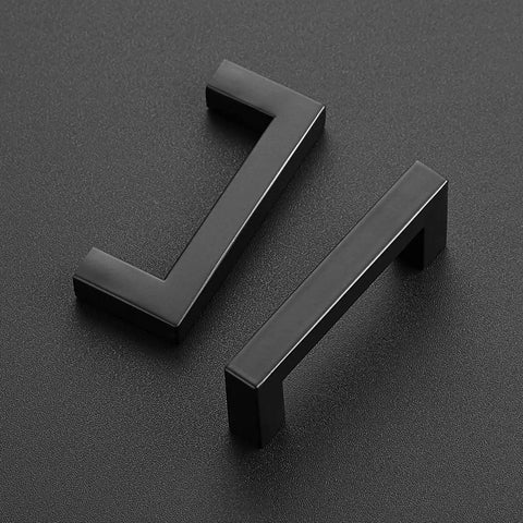 Close-up of three and a half inch matte black square cabinet handles for kitchen cabinets drawer pulls durable and easy install modern hardware set