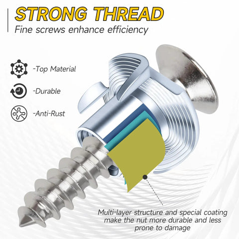 Close-up of a durable, anti-rust screw with a strong thread and special coating for enhanced efficiency in woodworking and furniture projects.