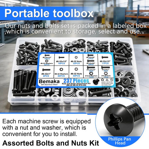 237-Piece Machine Screws And Bolts Kit With 304 Stainless Steel Fasteners, Black Zinc Finish in labeled storage case