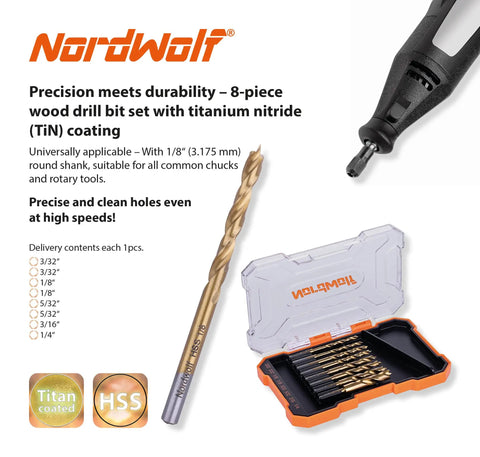 8-Piece HSS M2 Brad Point Wood Drill Bit Set With Titanium Nitride Coating 1/8 Inch Straight Shank and storage case image