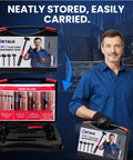 Man holding 4 In 1 Door Hinge Adjustment Tool for residential and commercial use, shown in a storage case, durable alloy steel.