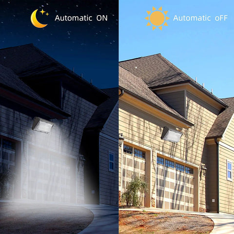 Beefy 150W LED Wall Pack Light With Photocell Sensor on garage, showing automatic on-off feature at night and day