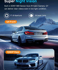 Front And Rear 4K Dash Cam With 64GB Card Built In 5G WiFi 4K Front And 1080P Rear Loop Recording Gravity Sensor 24 Hours Parking Mode Night Vision Car Cam For Safe Driving, showing a car on a mountain road at night demonstrating night vision capability.