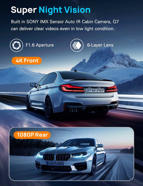 Front And Rear 4K Dash Cam With 64GB Card Built In 5G WiFi 4K Front And 1080P Rear Loop Recording Gravity Sensor 24 Hours Parking Mode Night Vision Car Cam For Safe Driving, showing a car on a mountain road at night demonstrating night vision capability.