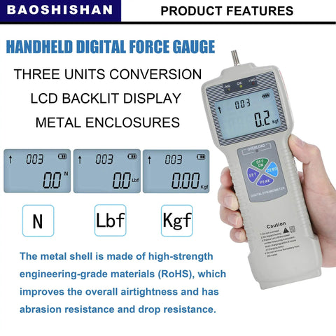 High Precision Digital Force Gauge 500N Push Pull Meter With Output Function For Lab And Shop Floor, 0.1N Resolution, 0.2 Percent Accuracy, 1000 Hz Sampling Speed, Includes Three Units, handheld digital force gauge with LCD and metal enclosure