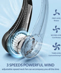Hands Free Neck Fan Bladeless Wearable Personal Cooling 360 Degree showing 3 speeds with USB Rechargeable 4000mAh battery